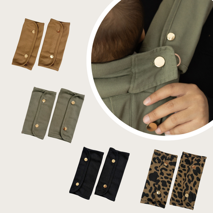 Keep Closer Baby Carrier Teething Drool Pads in khaki, olive, black, and caramel leopard with lifestyle inset of baby in khaki green carrier