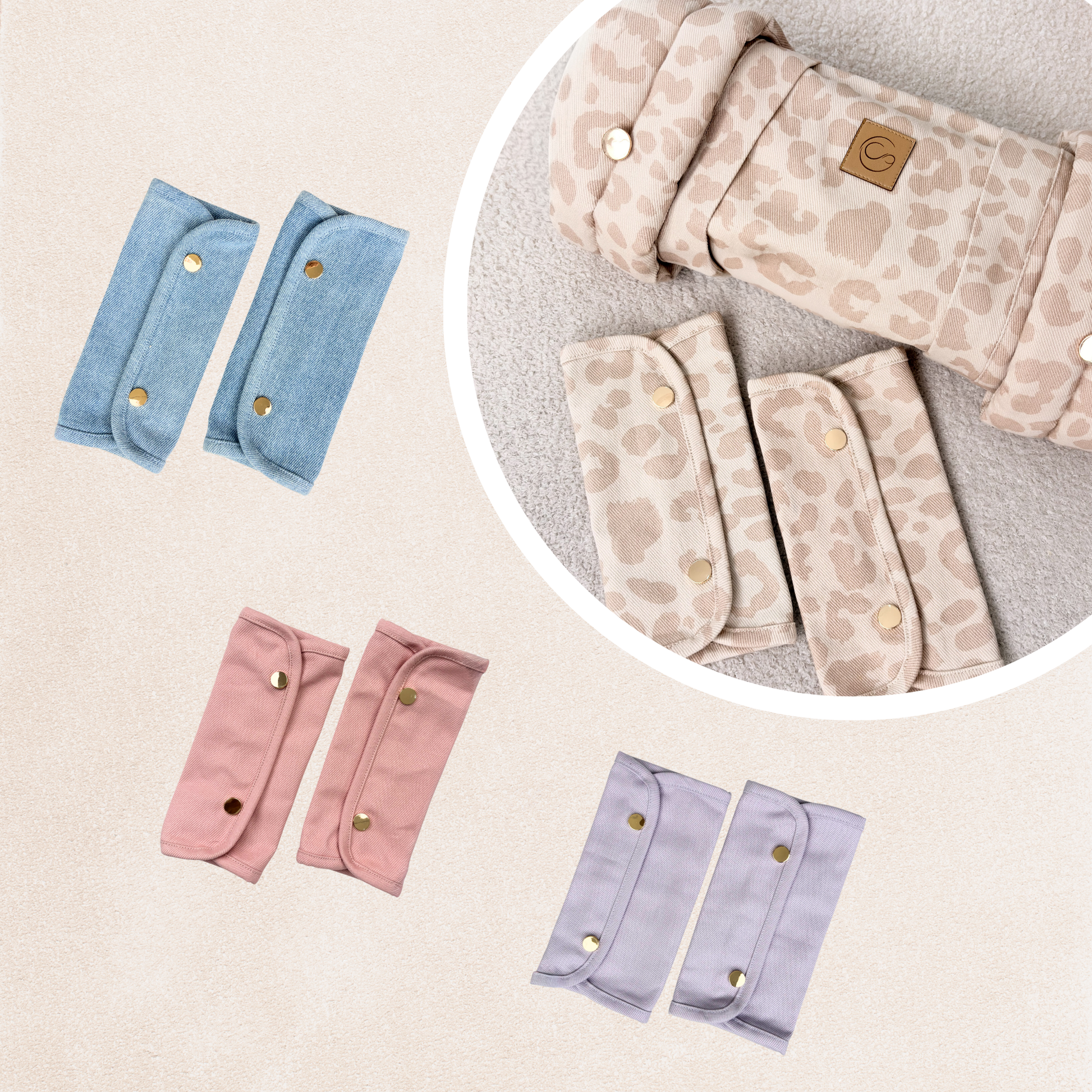 Keep Closer Baby Carrier Teething Drool Pads in light blue, pink, and lavender with lifestyle inset of caramel leopard pads on carrier
