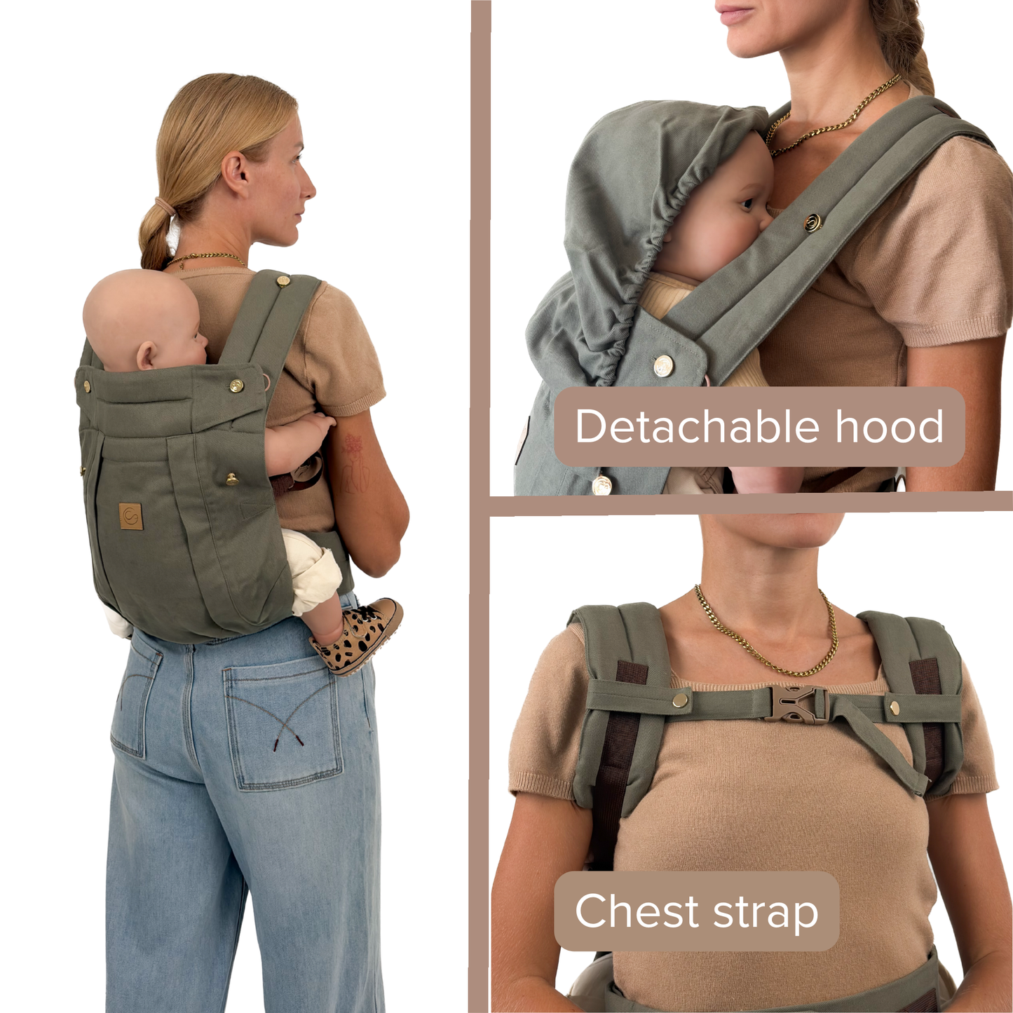 Khaki Comfort Fit Baby Carrier feature collage showing detachable sun and sleep hood for newborn head support and adjustable chest strap, demonstrated by mother wearing olive khaki carrier