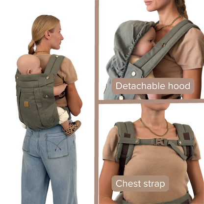 Khaki Comfort Fit Baby Carrier feature collage showing detachable sun and sleep hood for newborn head support and adjustable chest strap, demonstrated by mother wearing olive khaki carrier