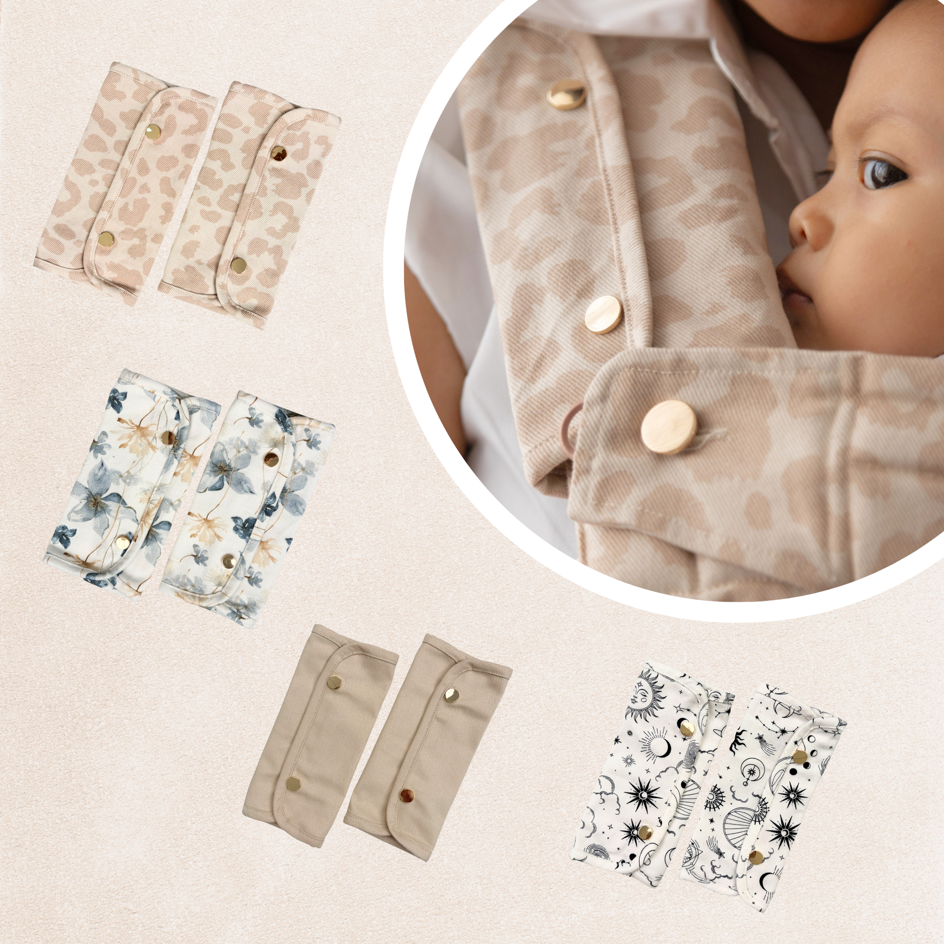 Keep Closer Baby Carrier Teething Drool Pads in sand leopard, denim floral, ivory, and sun and moon prints with lifestyle shot of baby in carrier